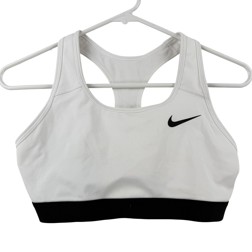 Nike Sports Bra Womens Medium White Black Dri-FIT Racerback Athletic Workout Top